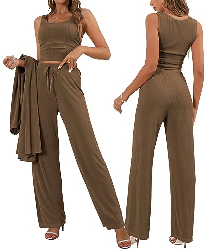 Image of 3 Piece Lounge Sets for Women Airport Travel Outfit | Long Cardigan，Tank Top ，Wide Leg Pants with Pockets，Comfy Loungewear，Casual Chic， Airplane Clothing，Vacation Matching Set