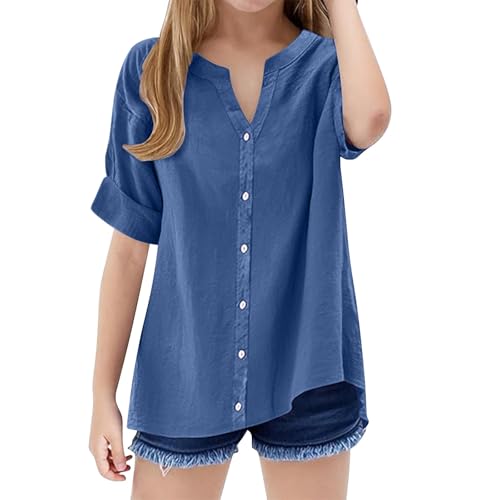 Girls Short Sleeve Cotton Linen 𝗛enley Shirts V Neck Dressy Casual Tunic Blouses Girls Trendy Tops Button Down Shirts