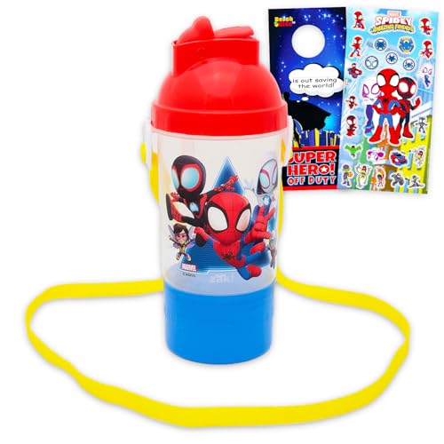 Marvel Spidey and His Amazing Friends Snack and Sip Water Bottle Set - Bundle with 13.5 oz Spiderman Water Bottle with Snack Cup Plus Stickers, More | Spidey and Friends Drinking Canteen