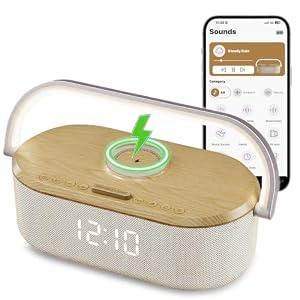 Smart White Noise Sound Machine with Alarm Clock & Wireless Charger, APP Remote Control, 40 Relaxing Ambient Sounds, 3 Night Light Modes, Snooze Function, and Smart Timer for Adults Kids Office