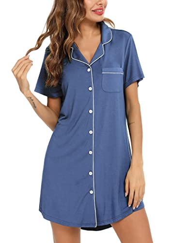 Image of Anjue Pajama Nightgowns for Women Button Down Pajamas Tops Short/Long Sleeve Sleepwear Sleep Shirts Nightdress S-XXL