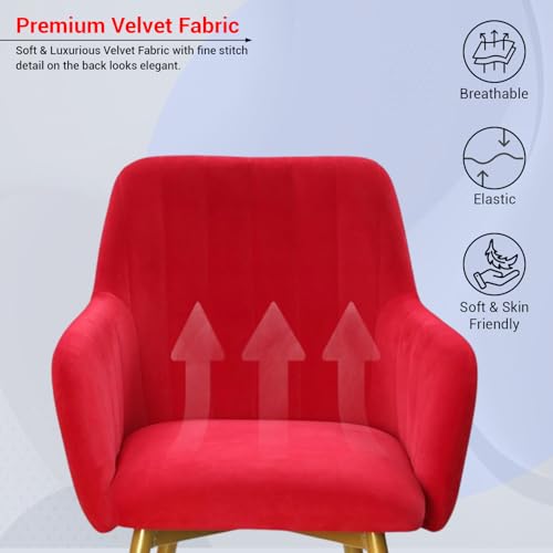 Image of Taboo Velvet Dining Chair Set of 2 | Upholstered Accent Arm Chairs | Soft Cushioned Seat with Backrest | Modern Velvet Fabric Chairs with Metal Legs | Living Room, Bedroom, Cafe & Restaurant | Red