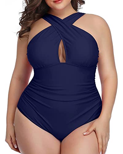 Daci Women Plus Size Swimsuits Tummy Control Navy Blue One Piece Bathing Suits Front Cross Keyhole Swimwear Navy Blue 24 Plus #TOP27