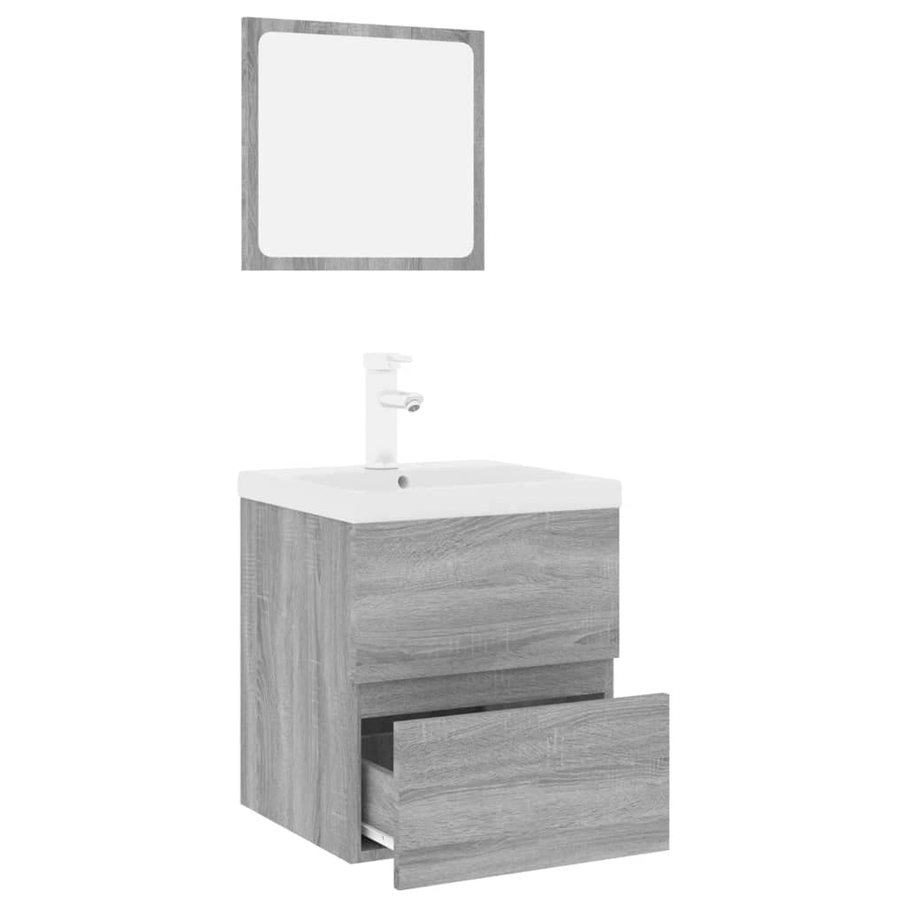 Set Mobile Sottolavabo Sospeso con Specchio e Lavabo Grigio 3 Pz | Soluzione salvaspazio per toilette con cassetto contenitore in legno multistrato grigio sonoma e specchio acrilico.
