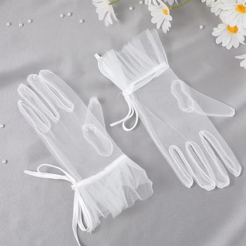 White Mesh Women's Elegant Lace Gloves Sheer Mesh Tea Party Gloves Ruffle Trim Bridal Gloves3