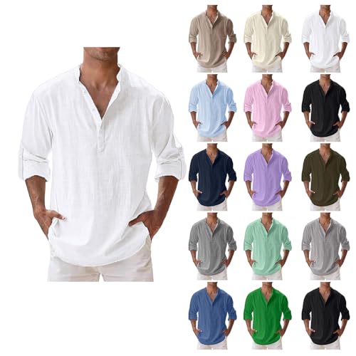 Men's Linen Long Sleeve Henley Shirt Stand Collar Relaxed Fit Casual Top Solid Color Beach Hippie Summer T-Shirt4