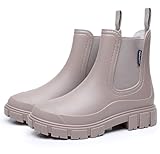 FOGOIN Wellington Boots Women Ankle Wellies Ladies Short Chelsea Booties Waterproof Rain Boots Slip-on Apricot 5UK/38EU