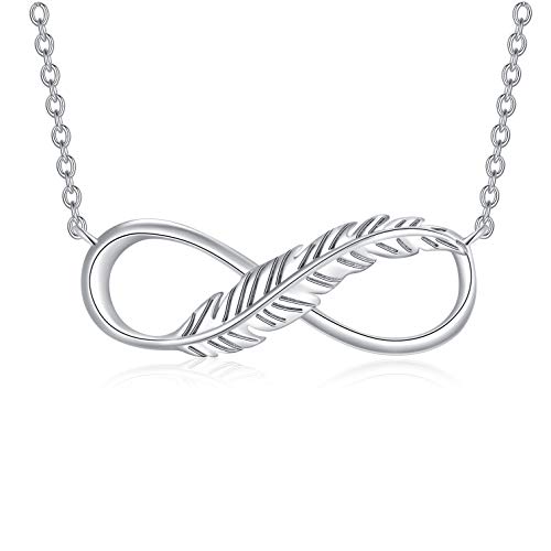 Infinity Feather Necklace 925 Sterling Silver Necklace for Women, 18”+2”