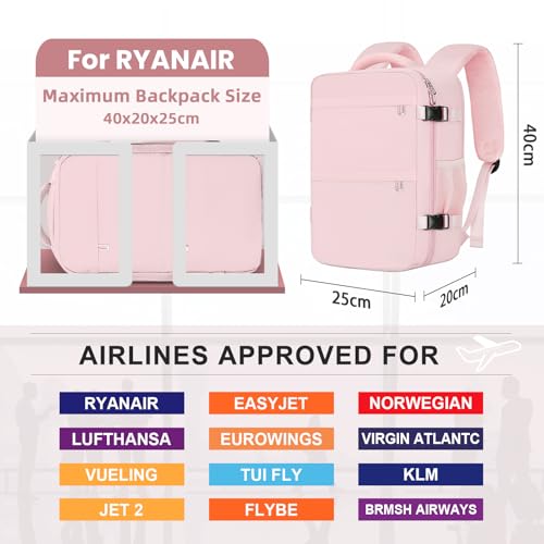 Cmezevi Reiserucksack 20L 40x20x25 cm, Flugzeug Handgepäck Kompatibel Ryanair/EasyJet, 14-Zoll Laptop Rucksack, Leichter Kabinenrucksack mit Trolley-Sleeve, für Business, Schule, Reisen - Rosa