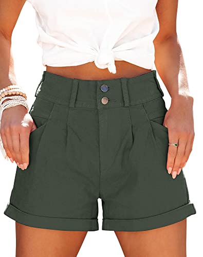 Hilltichu Womens Relaxed Fit Casual High Waist Pocketed Denim Shorts (Olive Green,Medium,Us,Alpha,Medium,Regular,Regular)