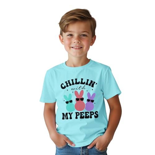 Boy Easter Shirt Funny Chillin with My Peeps T-Shirt Bunny Sunglasses Graphic Short Sleeve Tee Tops