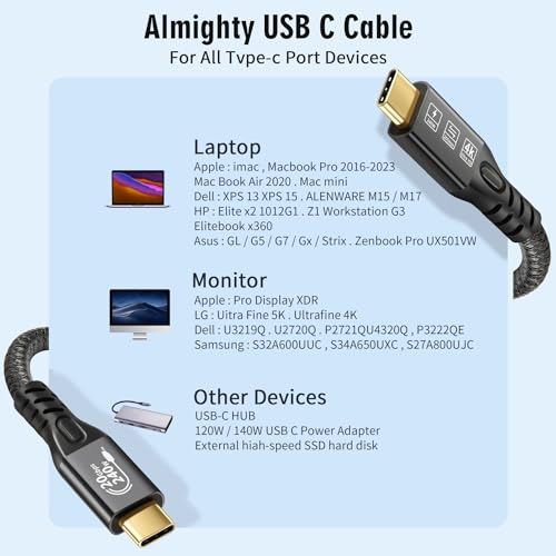 Image of USB C Cable 3.2 Gen 2 20Gbps, Type C 4K@60Hz UHD Video 5A /240W PD3.1 Fast Charge Cord with E-Marker Compatible with Thunderbolt 3 /4 MacBook Pro Samsung Galaxy Pixel Dell Monitor etc (2M)