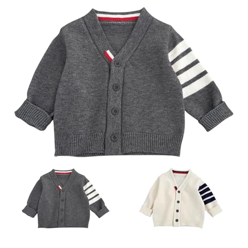 Kids V-Neck Knit Cardigan Sweater Toddler Button Down Striped Sleeve Knitted Outerwear Boys Girls School Fall Uniform