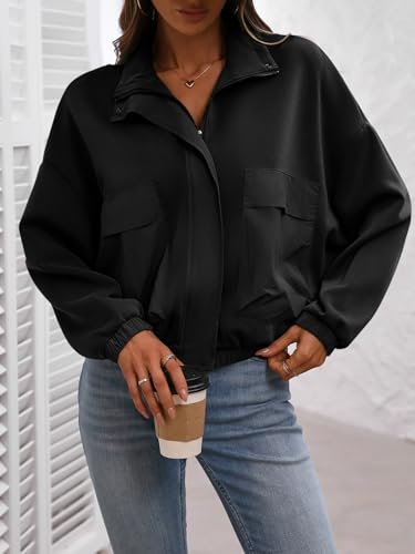 Women's Cropped Oversized Safari Jackets Zip Up Stand Collar Neck Long Sleeve Utility Anorak jacket with Pocket3