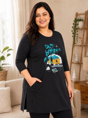 Image of RYSH Women's Plus Size Printed Nightshirt | Round Neck | 3 /4 Sleeve | Relaxed Fit Long Nightwear Top |