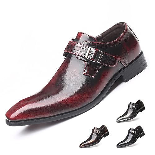 Men's Leather Pointed Toe Dress Shoes,Fashion English Style Adjustable Metal Buckle Hook & Loop Decorate Slip On Block Heel Formal Business Wedding Oxford Shoes Loafer (Red,12)