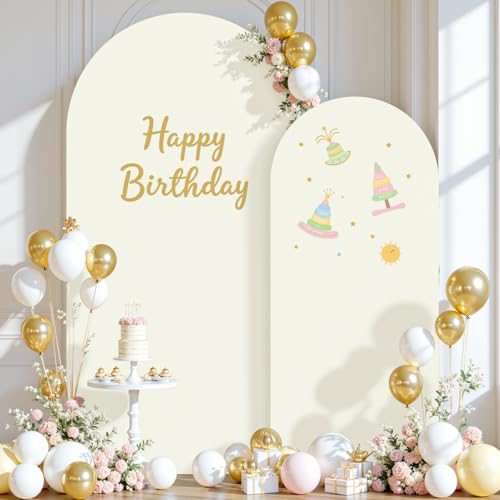 Image of Ivory Photo Arch Backdrop Cover Set of 2-7.2 and 6ft Ivory Arch Covers Stretchy Backdrop Spandex Wedding Balloon Arch Stand Covers for Birthday Party Baby Shower Bridal Shower Arches Background