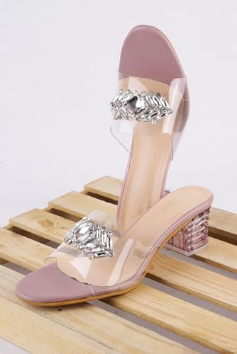 Image of TRYME Embellished Front Studded Buckle Block Heels Comfortable Transparent Party Kitten Heel for Womens & Girls
