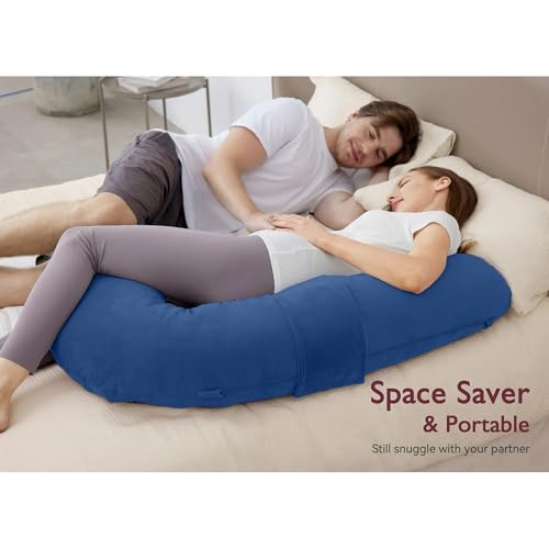 Image of J-Shaped Sleeping Pregnancy Pillow| Removable Velvet Covers| PregnoCare Fibres| Baby Shower Gift, Maternity, Nursing| Full Body Soft-Support Bump, Head, Back, Shoulder, Hips, Legs and Belly (Blue)