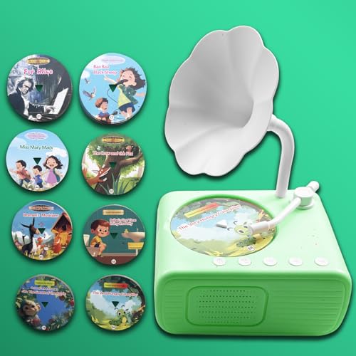 Image of Kids Music Record Player with Speakers - 96 Recorded & 8 DIY Discs, Bluetooth Song Story Machine, Portable Retro Phonograph for Toddlers in School Gifts for Boys Girls Ages 3-12 (Green)