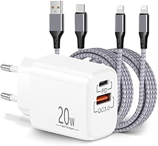 ARCCRA Szybka Ładowarka iPhone i Kable, Zasilacz USB-C 20W i 2x Kabel Lightning 2m, Wtyczka Typu-C 2-Portowa (PD/QC), Gniazdo Type-C, Kompatybilny z iPhone 14/13/12/Pro/Max/Plus/mini/11/SE/XS/XR/X/8