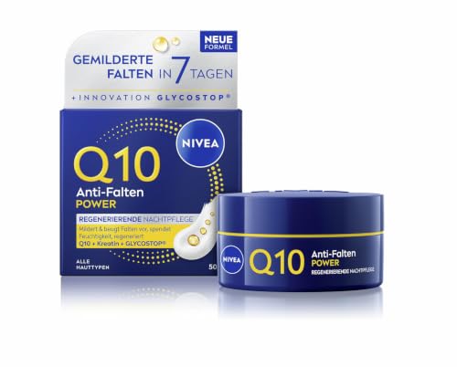 NIVEA Q10 Anti-Falten Nachtpflege, Anti-Falten-Nachtcreme mit Q10, Kreatin & Glycostop, reichhaltige Gesichtspflege fĂĽr alle Hauttypen, POWER Regenerierend (50 ml)