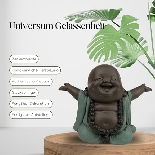 Lachender Buddha Willkommen - Glücksbringer Statue - Zen und Feng Shui Dekoration - für eine entspannende und spirituelle Atmosphäre - Geschenkidee - Breite: 9cm - Farbe: Grün und Braun - Zen'Light
