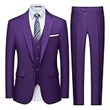 WULFUL Men's Slim Fit 3 Piece Suit, One Button Solid Blazer Business Party Jacket Vest Pants Set Purple