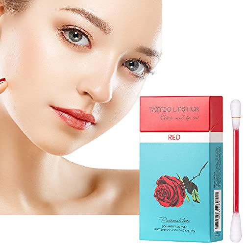 Tattoo Lipstick,20 PCS Tattoo Lipstick Cotton Swab,Portable Lip Tint,Long-Lasting Durable Waterproof Liquid Non-Stick Lip Tint,Easy to Carry (Red)