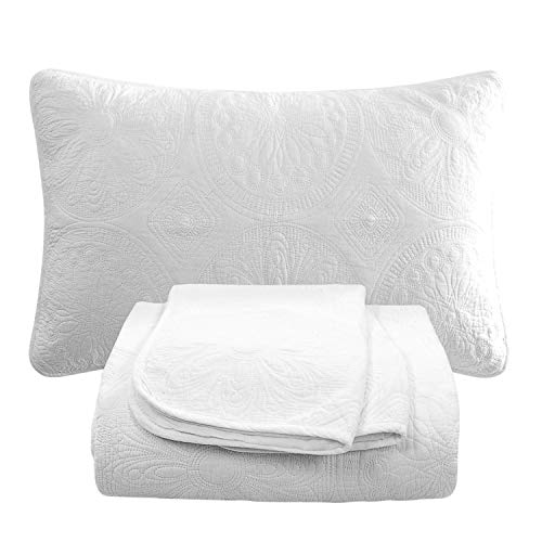 Brandream Luxury Medallion Quilt Bedding Set King Size Cotton Farmhouse Quilted Comforter Set Queen Size Oversized Bedspread Coverlet Set (White) #TOP6