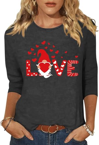 Image of Women's Valentine 3 /4 Sleeve Round Neck Shirt Funny Love Heart Graphic Tee Casual Couple Top Blouse