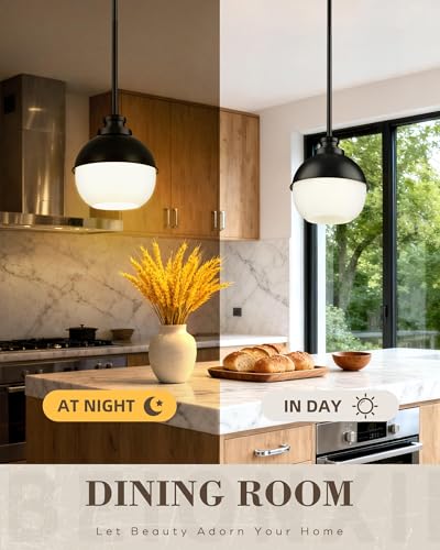 Image of Beionxii 8-Inch Black Pendant Light Fixture, Milk Glass Globe, Adjustable