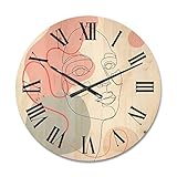 DesignQ Orologio da parete in legno moderno 'One Line Drawing of Young Girl in Pastel Tones'