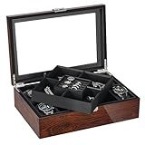 BEWISHOME Jewelry Box for Men, Mens Jewelry Box with Glass Top, Wooden Watch Box Organizer with Smooth Faux Leather Interior, Jewelry Display Case for Earrings Rings Bracelets Watches, Brown SSH07Y