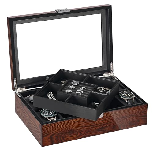 Image of BEWISHOME Mens Jewelry Box with Glass Top 4 Slots Wooden Watch Box Organizer Luxury Jewelry Tray Jewelry Box for Men Women Jewelry Storage Display Case with Smooth Faux Leather Interior, Brown SSH07Y