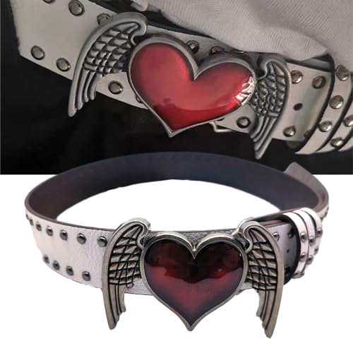 Eye Catching Rivets Waist Belt with Heart&Wing Buckle for Adult PU Waist Belts for Women Coat Dress Adjustable Length, 105x3.8cm, Black2