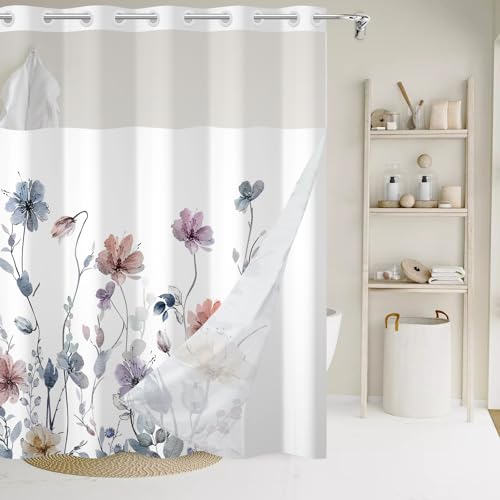 AWERT No Hook Shower Curtain with Snap in Liner Watercolor Floral Shower Curtain and Liner Set Double Layers Waterproof Fabric and See-Through Top Window Bathroom Decorative 71x74inch by AWERT - Used condition - CA$26.92
