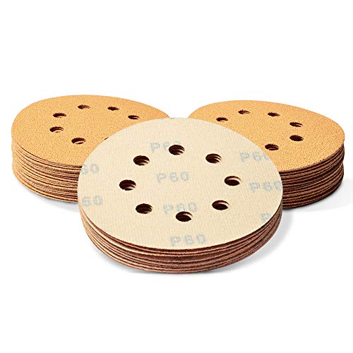 SPEEDWOX 50 Pcs 5 Inches 8 Hole Sanding Discs 60 Grit Dustless Hook and Loop Sandpaper for Random Orbital Sander Yellow Finishing Discs for Automotive Woodworking