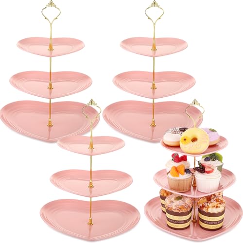 Layhit 4 Pack Valentine's Day 3 Tier Cupcake Stand Heart Shaped Serving Trays for Party Plastic Dessert Cupcake Stand for Tea Party Baby Shower Wedding(Pink)