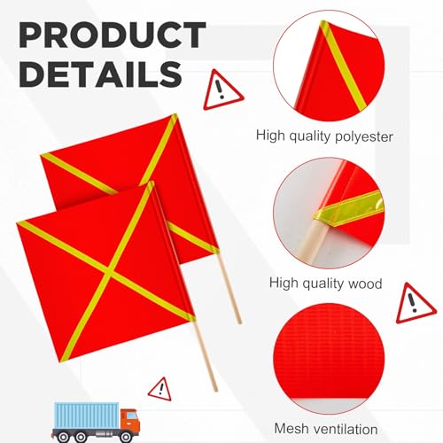 Image of Kinlop 4 Pcs 24 inch x 24 inch Safety Flag Traffic Warning Flag with 35'' Wooden Dowel for Trucks Trailer and Pedestrian Crossings Construction Sites (Trendy)
