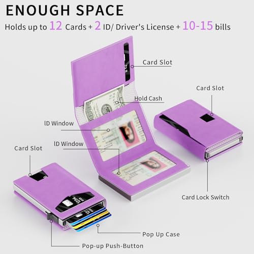 KISUEDZP RFID Wallet Women: Stylish Security Metal Wallet for 10-12 Cards & 2 ID Windows - Smart Pop-Up Credit Card Holder & Cash Slot in Compact Trifold Design,Gift for Her(Purple) — view 3