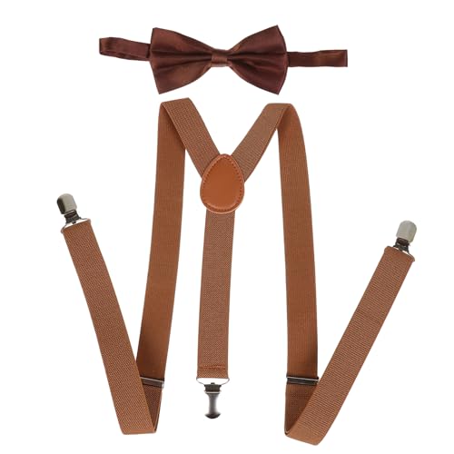 NiceYnn Bretelles avec Nœud Papillon Suspensions Larges Réglable Élastique Extra Fort 3 Clips en Forme Y Marron