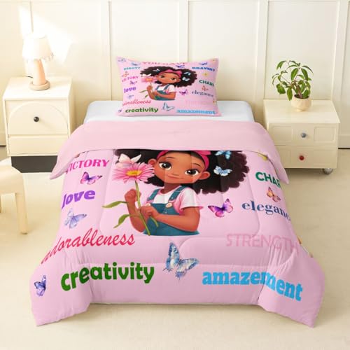 Image of Erosebridal Black Girls Magical Bedding Set Butterflies Inspirational Quotes Toddler Comforter Set African American Comforter Afro Black Princess Girl Duvet Insert for Nursery Kids Pink Room Decor