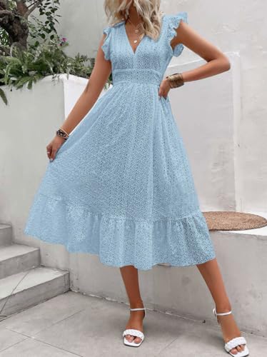 Ru Sweet Women Summer Ruffle Hem Embroidery Eyelet Lace Dress Flutter Sleeve Midi A-Line Beach Dress with Pocket3