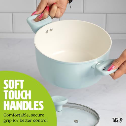 Tasty Ceramic Pots and Pans Set, Healthy Nonstick Cookware Set, Soft Touch Stay Cool Handles, Made without PFAS, PFOA, PFOS and PTFE, Even Heating, Dishwasher Safe, 12-Piece, Aqua by Tasty - Used condition - Image 6