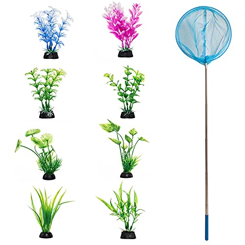 BKDMZZMY Fish Tank Plants, Small Artificial Aquarium Plants with Extendable Fish Net Fake Aquatic Plants Accessories Fish Tank Decorations, Realistic Plastic Aquarium Plants Safe for Fish (8 +1Pcs)