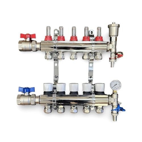 Wärmer System 5 Port Underfloor Heating Complete Manifold with Pipe Connections, Ball Valves, Automatic Air Vent and Pressure Gauge End Unit (16mm eurocone)