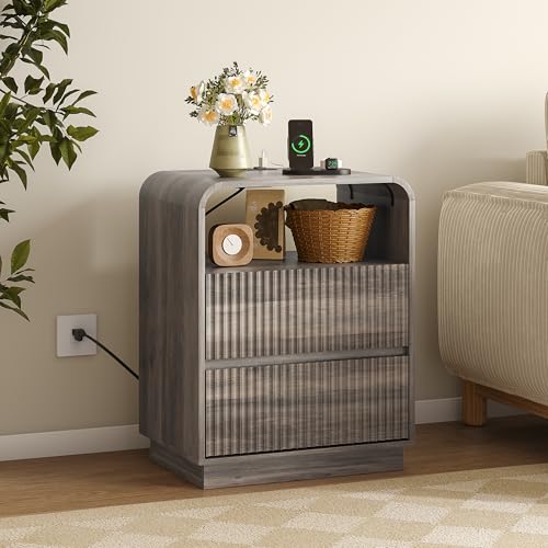 Image of BORNOON Dresser with 2 Drawers and Charging Station, Fluted Bedside Table with Round Curved Corner, Hidden Handles, 2 AC Outlets and 2 USB Ports, Modern Wood End Table with Open Shelf for Bedroom