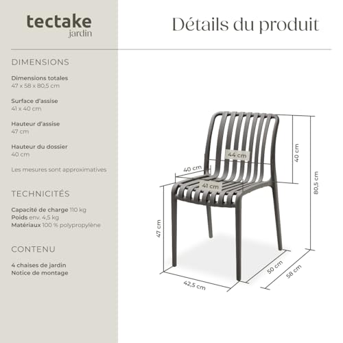 Chaises de jardin TECTAKE Lot de 2 chaises ALCUDIA empilables et résistantes aux intempéries 47 x 58 x 805 cm - vue 3