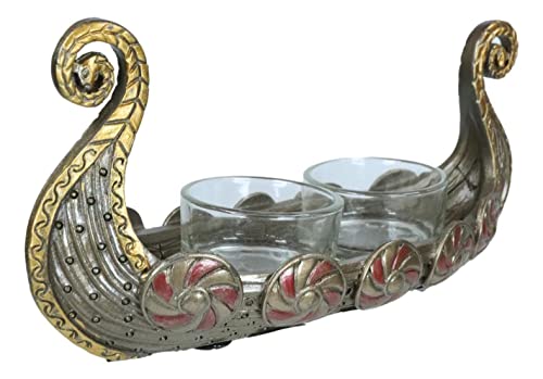 Ebros Gift Scandinavian Viking Fjord Norseman Oseberg Longship 2 Votive Candle Holder Figurine 7.25" Long War Vessel Battle Ship Dragonboat Mini Prototype Sculpture Figurine Barware Decor #TOP5
